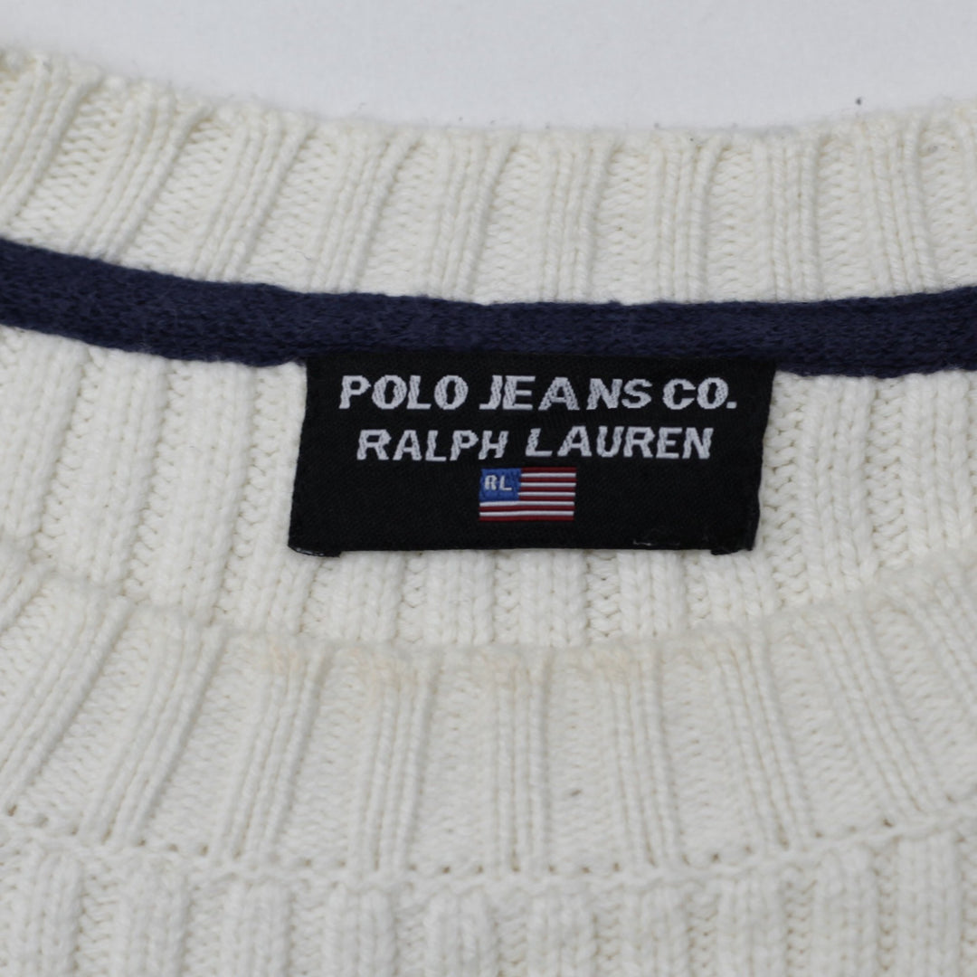 Vintage Ladies Polo Jeans Company Ralph Lauren Cream Ribbed American Flag Knit Sweater