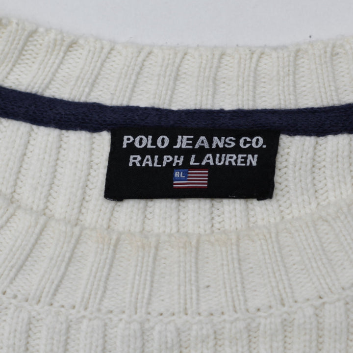 Vintage Ladies Polo Jeans Company Ralph Lauren Cream Ribbed American Flag Knit Sweater