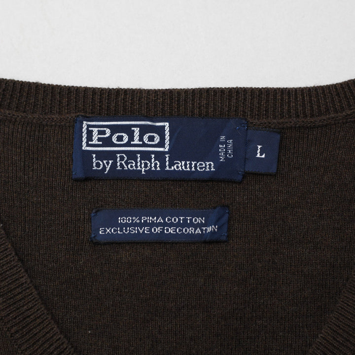 Vintage Mens Ralph Lauren Brown V-Neck Cotton Sweater Size L | Migration_Knitwear & Sweaters - Back View | Fashion Rerun