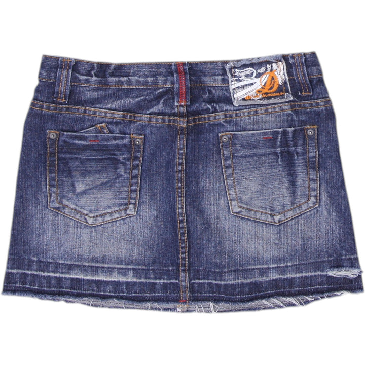 Y2K Ladies Blue Distressed Style Denim Mini Skirt Size S | Migration_Skirts - Side View | Fashion Rerun