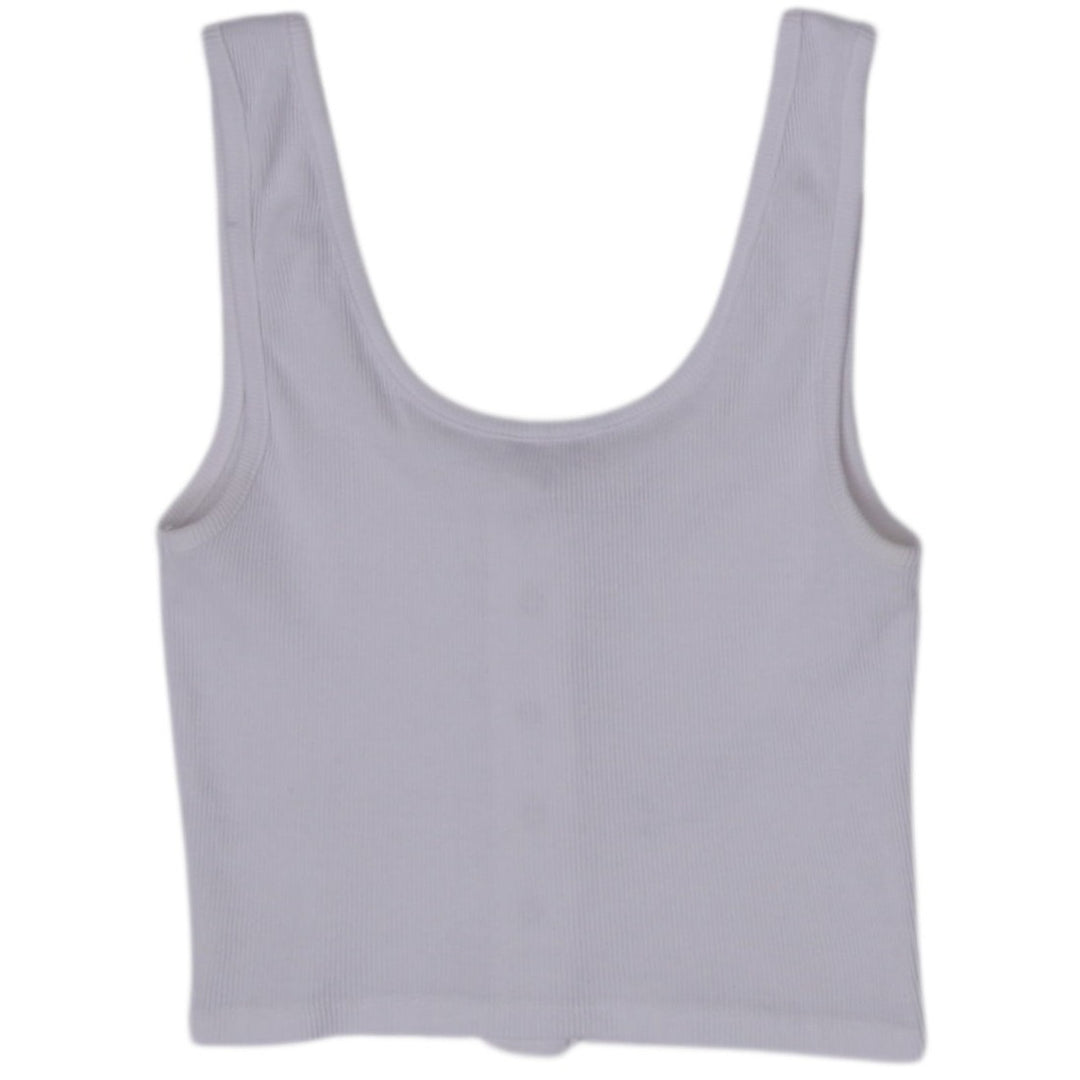 Y2K Ladies Cropped Ribbed Tank Top White Button Front Triangle Logo
