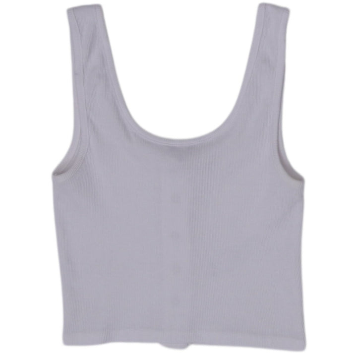 Y2K Ladies Cropped Ribbed Tank Top White Button Front Triangle Logo