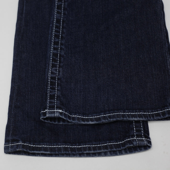Y2K Ladies Maurices Premium Bootcut Jeans Dark Wash Fleur De Lis Pocket Embroidered Stretch 9/10 Long