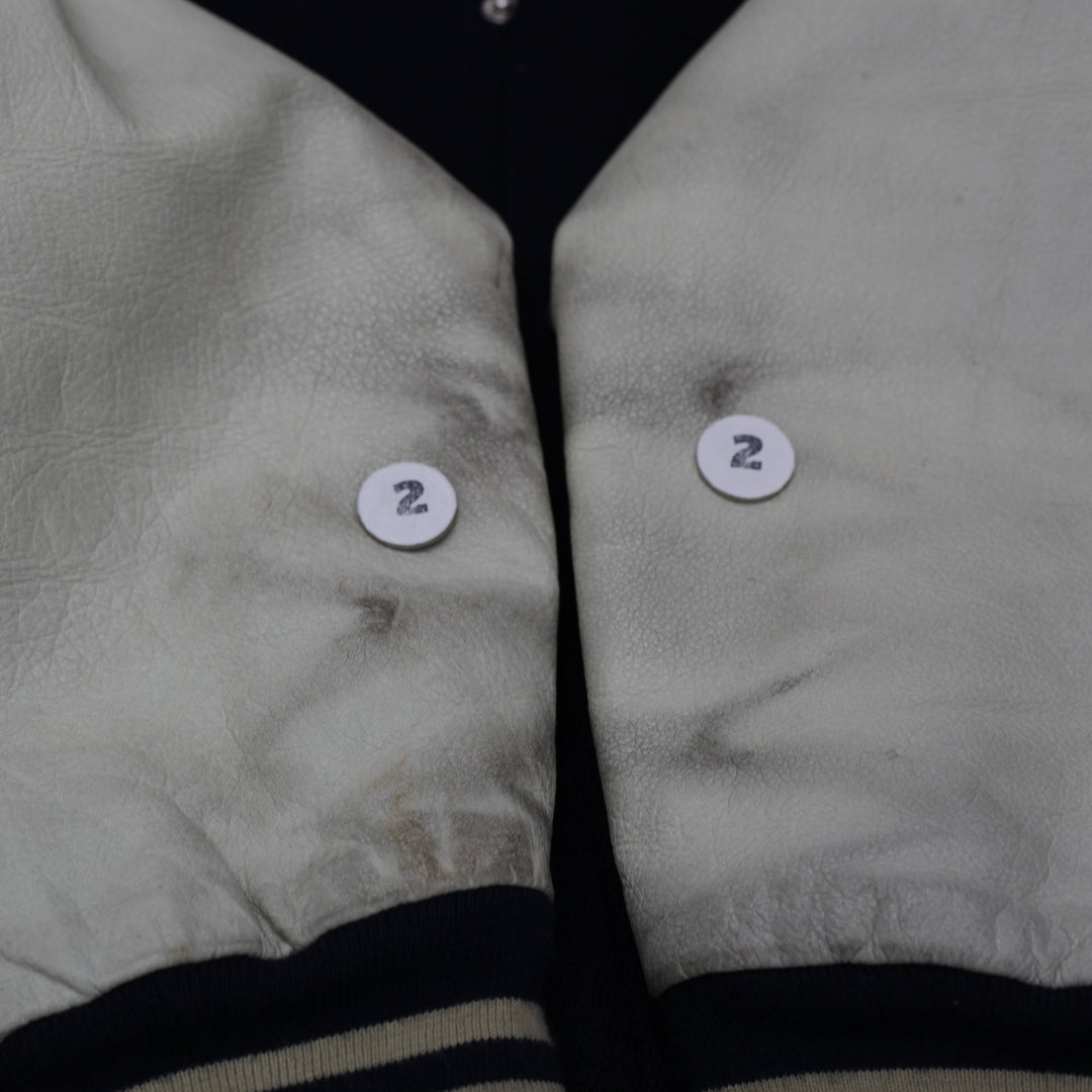 Vintage Tommy Hilfiger Varsity Jacket Navy Leather Sleeves Logo 88 XL | Migration_Jackets - View 6 | Fashion Rerun