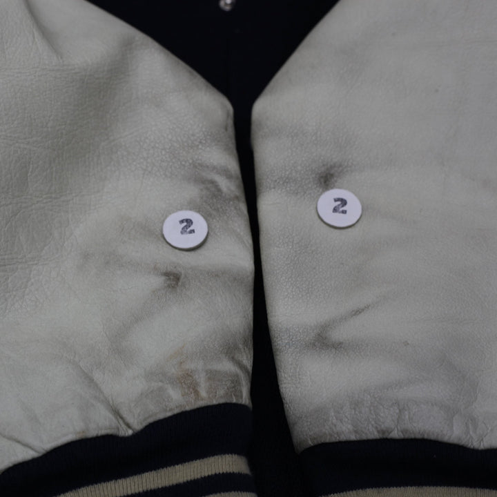 Vintage Tommy Hilfiger Varsity Jacket Navy Leather Sleeves Logo 88 XL | Migration_Jackets - View 6 | Fashion Rerun