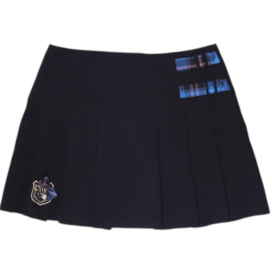 Y2K Ladies Olive Oyl Pleated Kilt Blue Plaid Accents Mini Skirt Size L