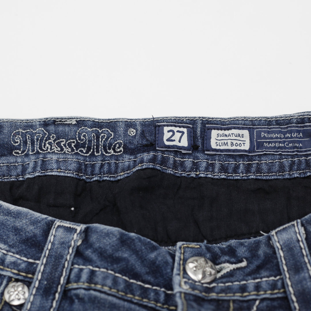 Y2K Ladies Miss Me Jeans Medium Blue Slim Boot Embellished Denim Size 27