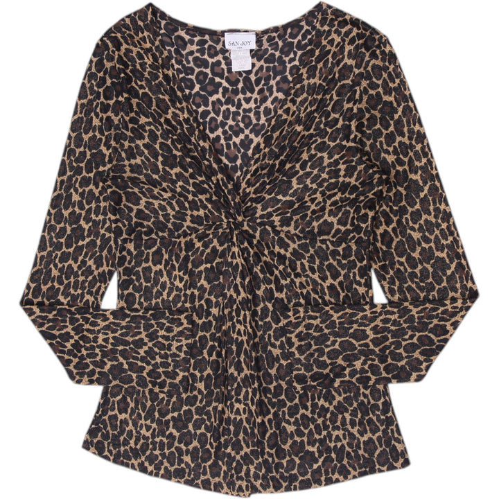 Vintage Ladies San Joy USA Leopard Print Twist-Front Mesh Blouse
