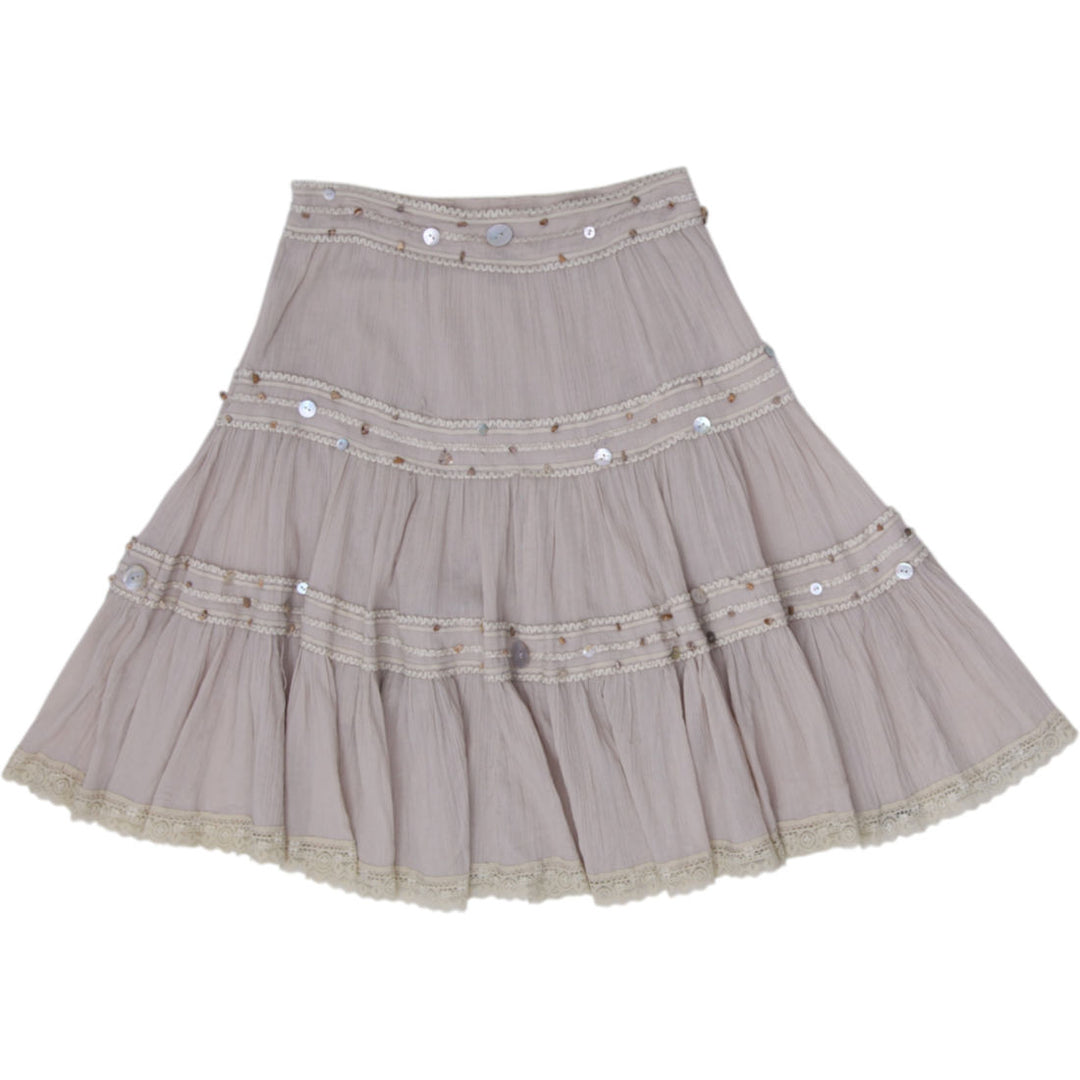 Y2K Ladies Banana U.S.A. Boho Tiered Chiffon Skirt Lace & Shell Embellishments S