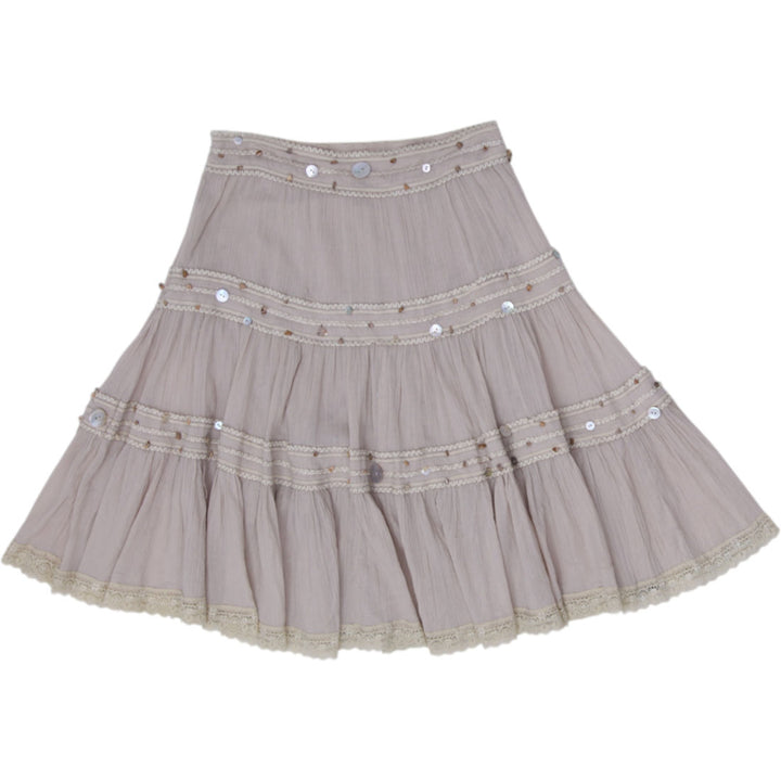 Y2K Ladies Banana U.S.A. Boho Tiered Chiffon Skirt Lace & Shell Embellishments S