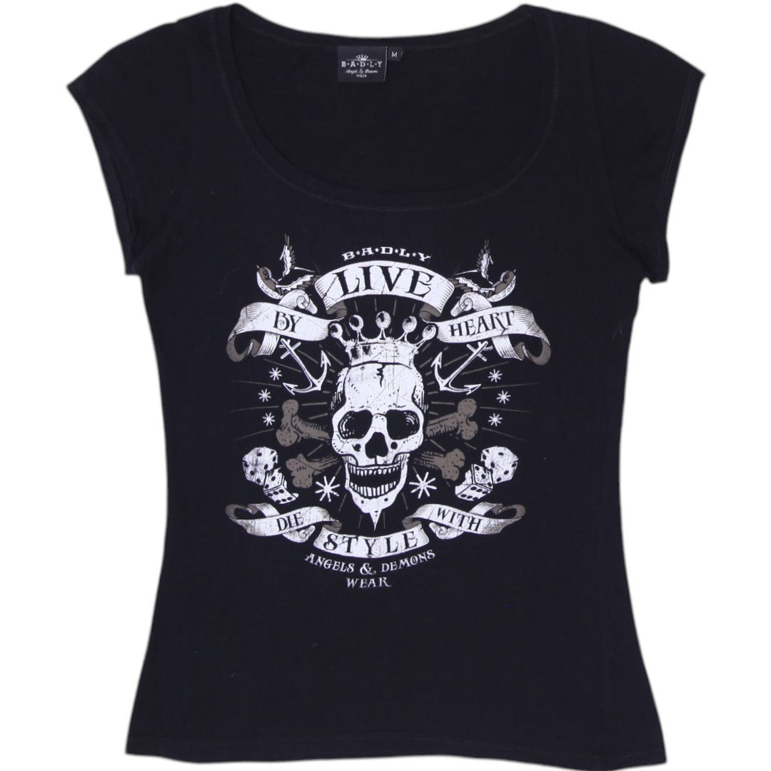 Y2K Ladies B*A*D*L*Y Angels & Demons Black Skull Graphic T-Shirt Cyber Grunge Top M
