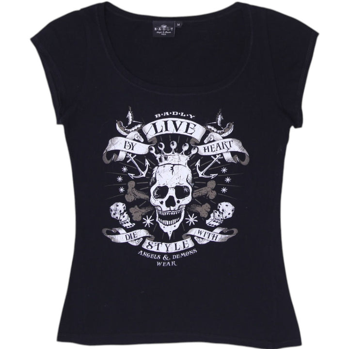 Y2K Ladies B*A*D*L*Y Angels & Demons Black Skull Graphic T-Shirt Cyber Grunge Top M