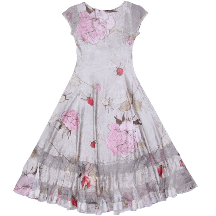 Y2K Ladies Komarov Floral Pleated Charmeuse Lace Hem Midi Dress Size M