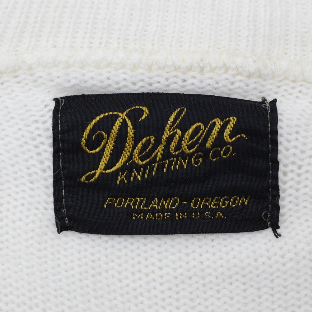 Vintage Mens Dehen Sweater White V-Neck Knit Graphic Made In USA