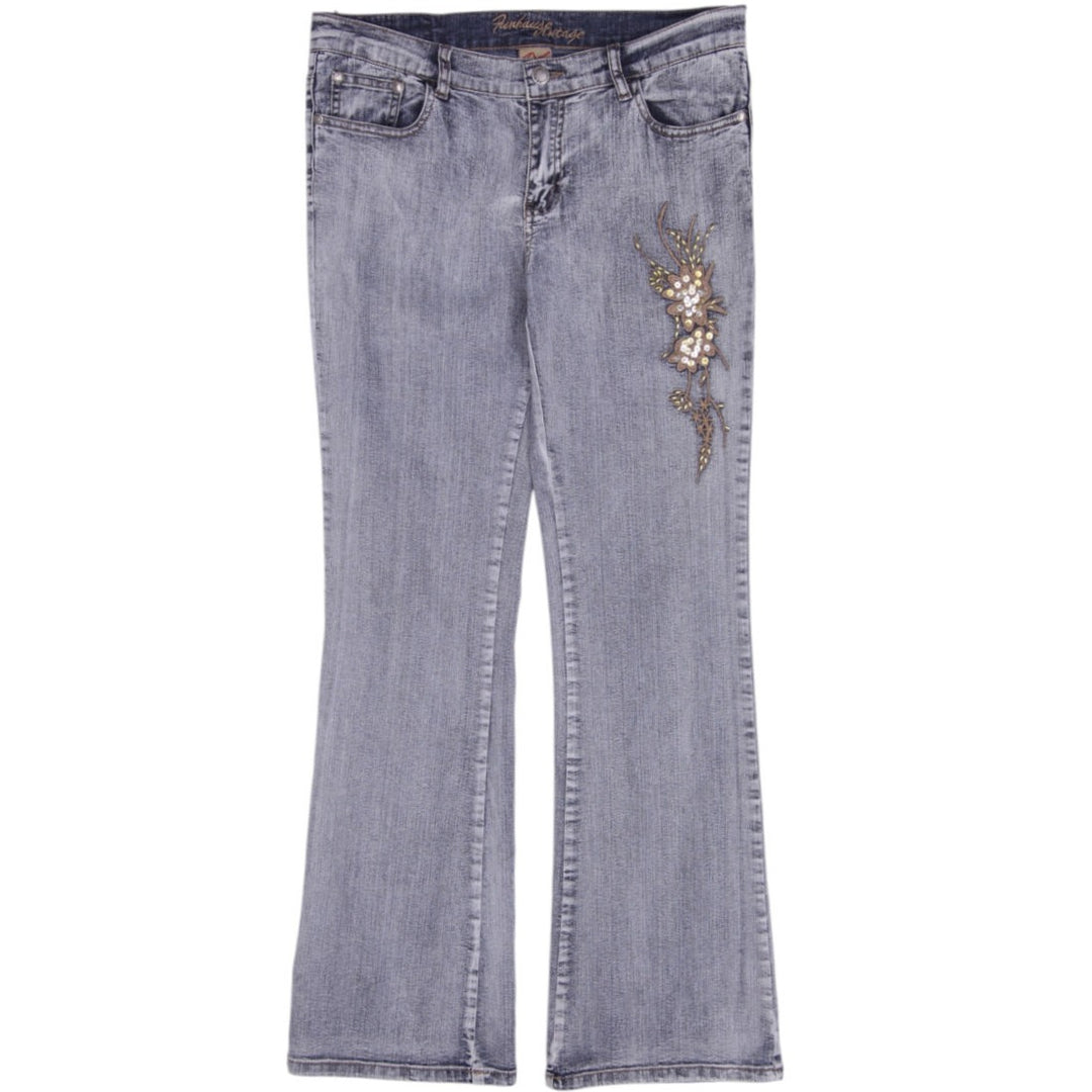 Y2K Ladies Fanhouse Beaded Floral Embroidered Flare Jeans Size 11