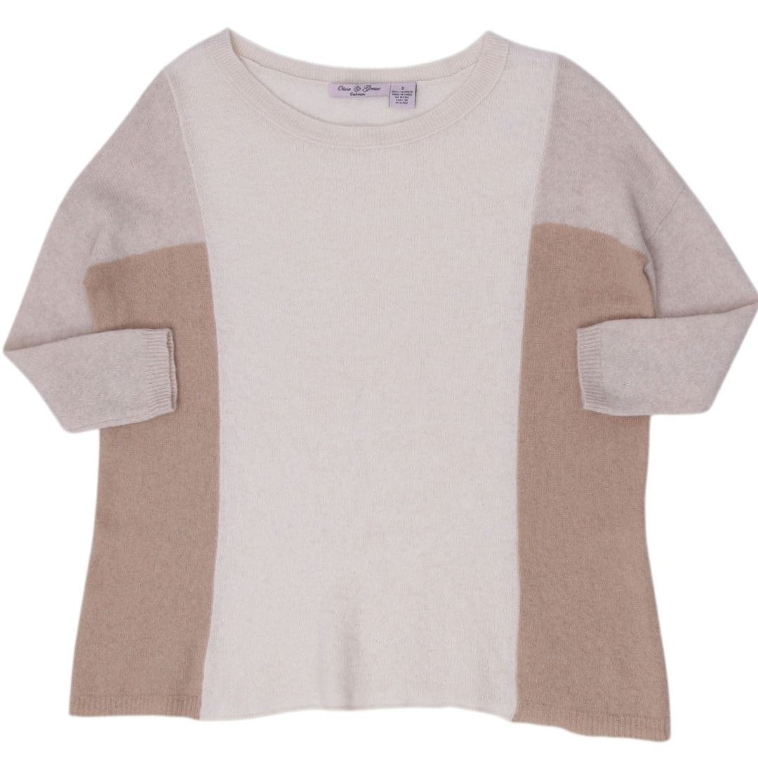 Ladies Olivia & Grace 100% Cashmere Colorblock Knit Sweater Beige Cream Size S