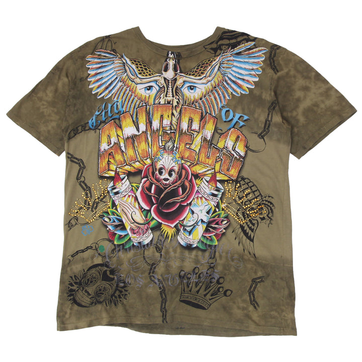 Y2K Mens Christian Audigier Angels Beaded Graphic T-Shirt
