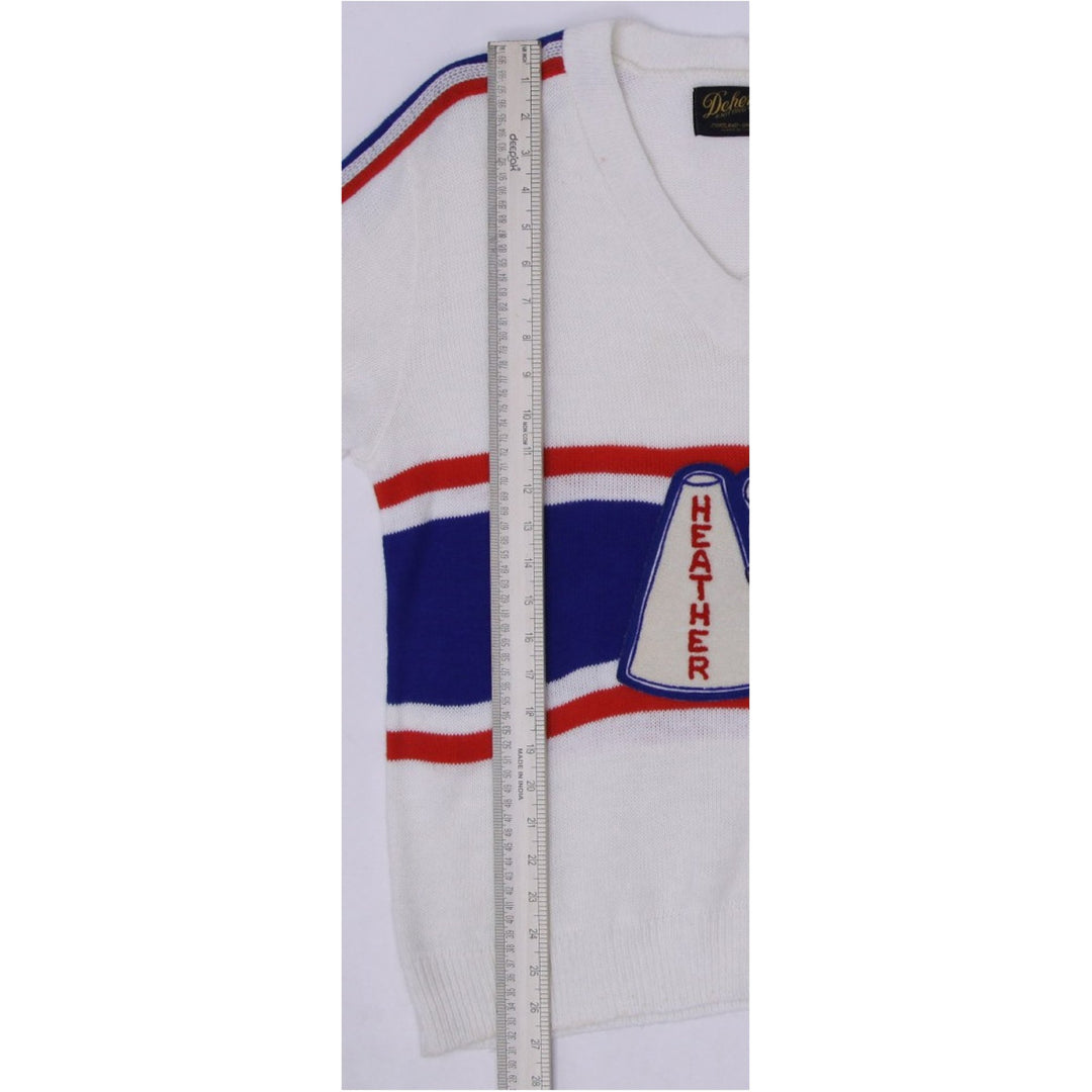 Vintage Mens Dehen Sweater White V-Neck Knit Graphic Made In USA