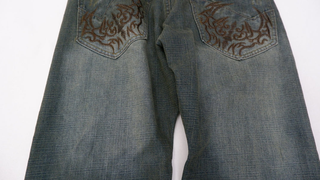 Y2K Mens Indigo 30 Jeans Washed Blue Embroidered Denim