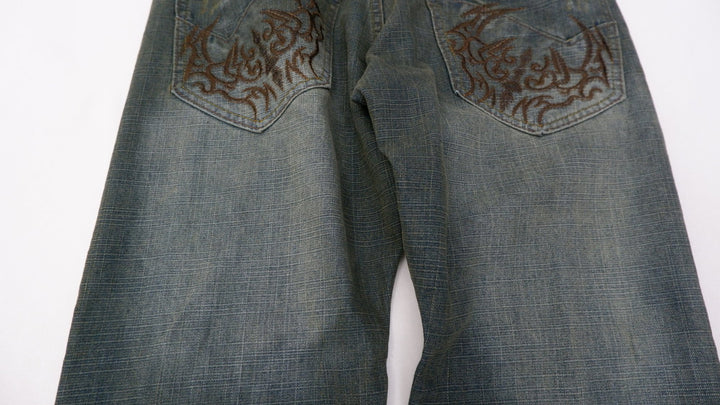 Y2K Mens Indigo 30 Jeans Washed Blue Embroidered Denim