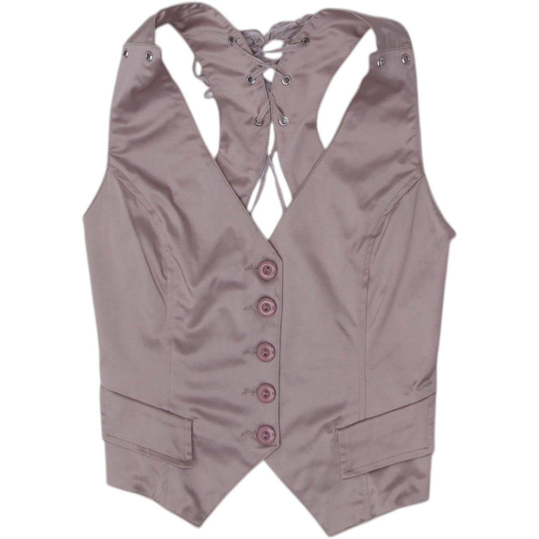Y2K Ladies In Style Fashion Satin Halter Vest Top Taupe Champagne Lace Up Size L