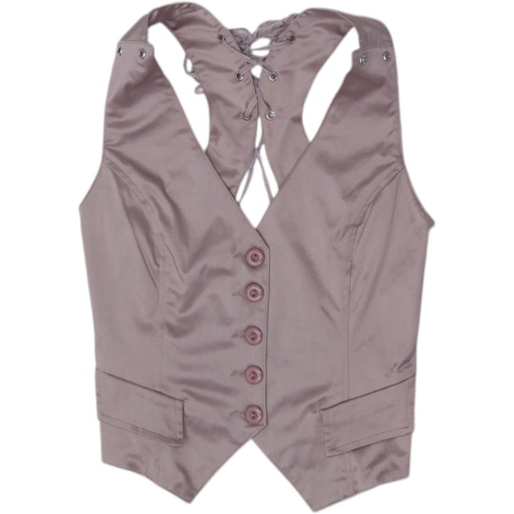 Y2K Ladies In Style Fashion Satin Halter Vest Top Taupe Champagne Lace Up Size L