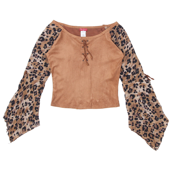 Y2K Leopard Sleeve Suede Bell Sleeve Top - Fashion Rerun Vintage Migration_Tops