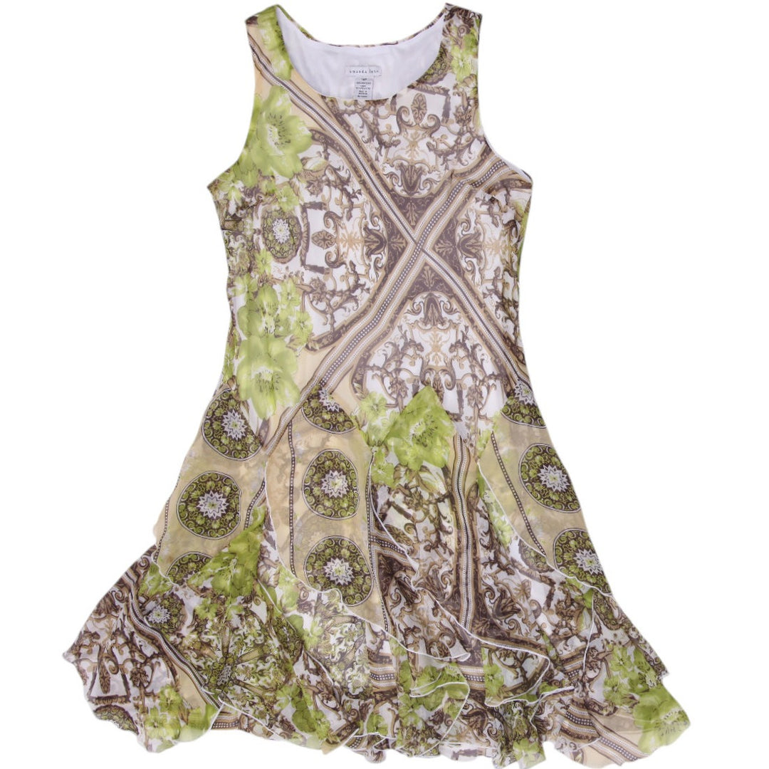Y2K Ladies Amanda Lane Asymmetrical Mesh Dress Whimsigoth Green Floral Size 14P