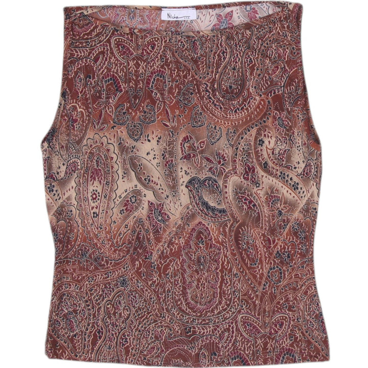 Y2K Ladies Niche USA Paisley Mesh Sleeveless Tank Top Brown Earth Tone Boatneck