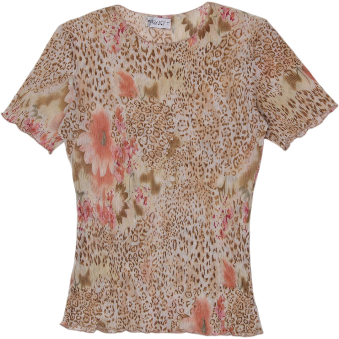 Y2K Ladies Ninety Petites Floral Leopard Plissé Mesh Top Size S Made is USA