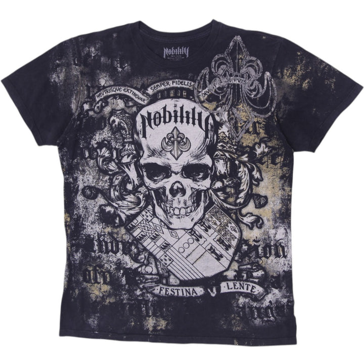 Y2K Mens Nobility Skull Fleur De Lis Heraldic T-Shirt Size L