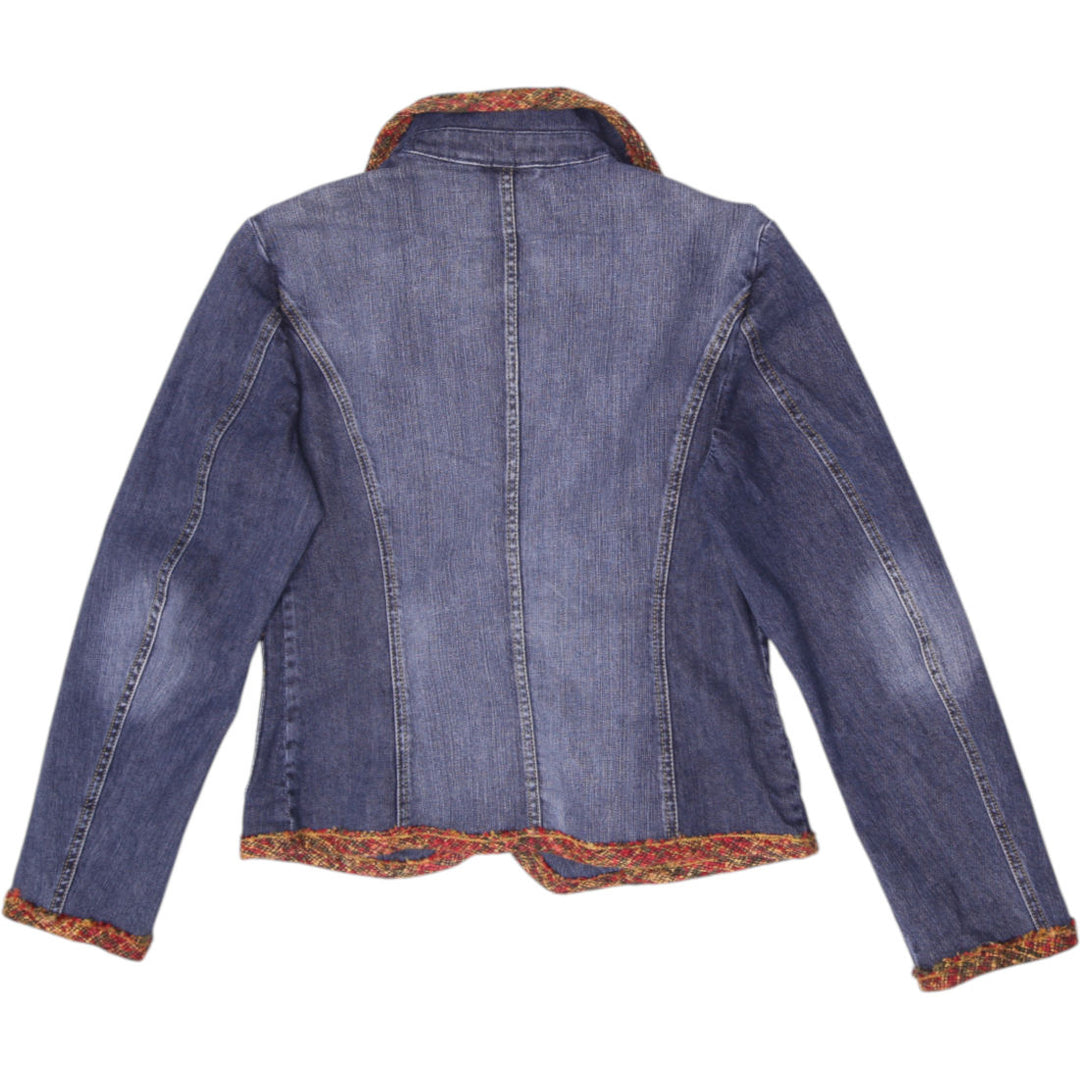 Vintage 90s Ladies Betty Barclay Paisley Boho Tapestry Trim Denim Blazer Jacket