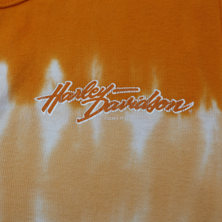 Y2K Ladies Harley Davidson T-Shirt Orange Tie Dye Graphic Size M