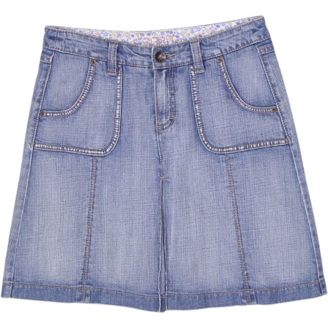 Y2K Ladies Esprit Denim Mini Skirt Floral Inner Trim Wash Patch Pockets A-Line