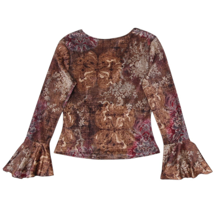 Y2K Ladies Roijee Brown Velvet Floral Top with Bell Sleeves Made in USA Size XL
