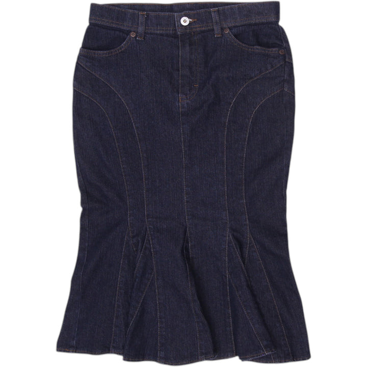 Y2K Ladies Navy Blue Flared Midi Classic Denim Skirt Size 8 | Migration_Skirts | Fashion Rerun