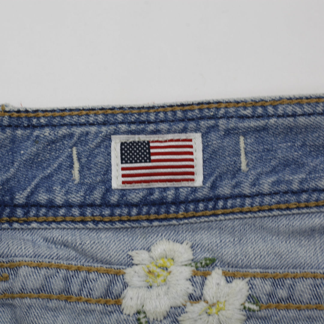 Y2K Ladies True Religion "Flower Child" Joey Daisy Cutoff Denim Shorts