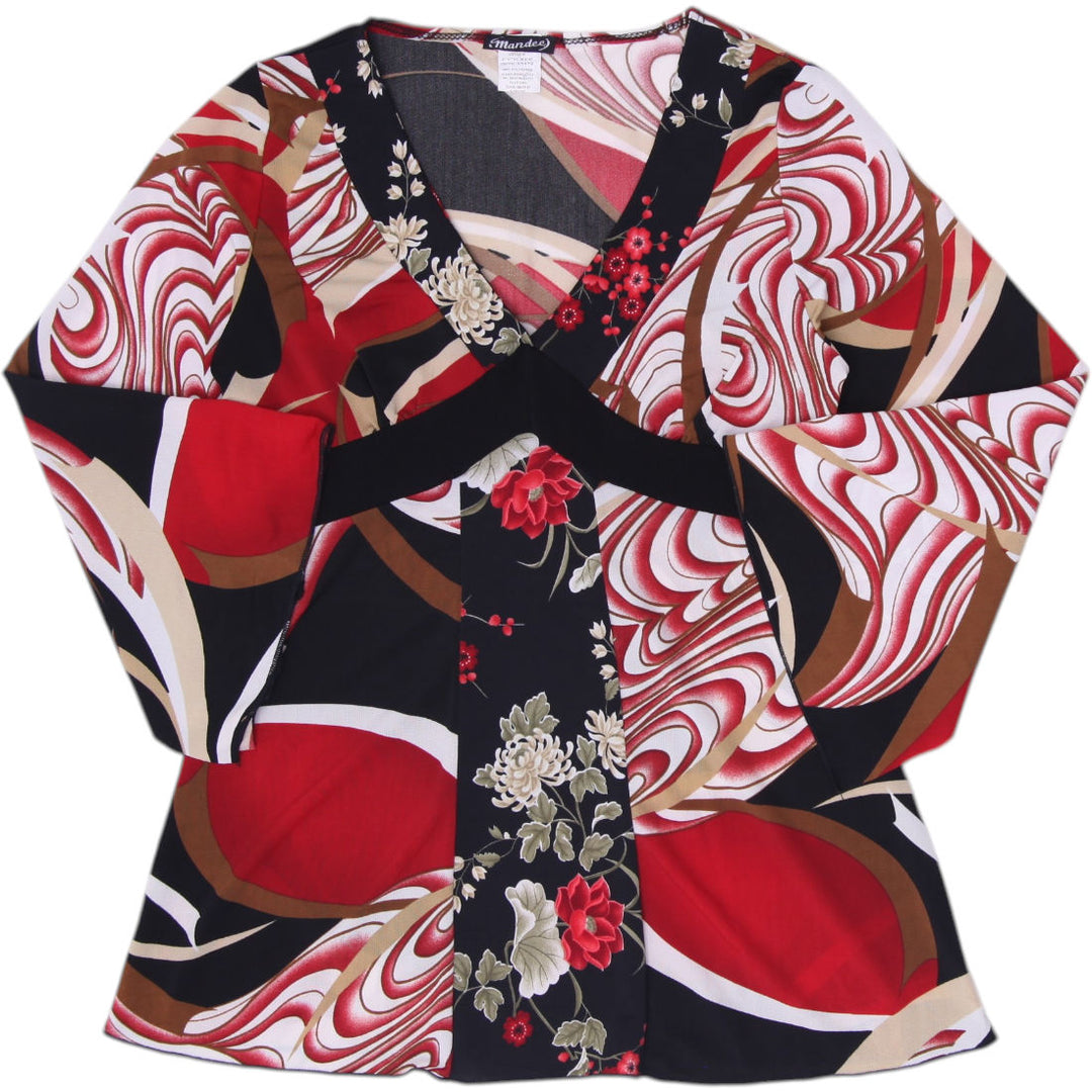 Y2K Ladies Mandee Y2K Abstract Swirl & Floral Print Bell Sleeve Top