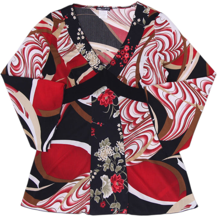 Y2K Ladies Mandee Y2K Abstract Swirl & Floral Print Bell Sleeve Top
