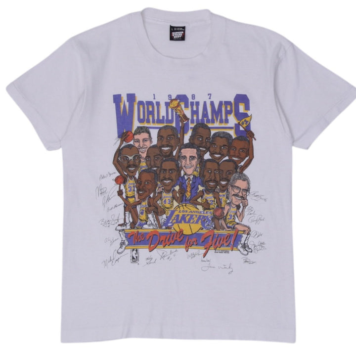 Vintage Los Angeles Lakers 1987 World Champs Cartoon Caricature Drawing T-Shirt Large Made In USA Single Stit | Fashion Rerun