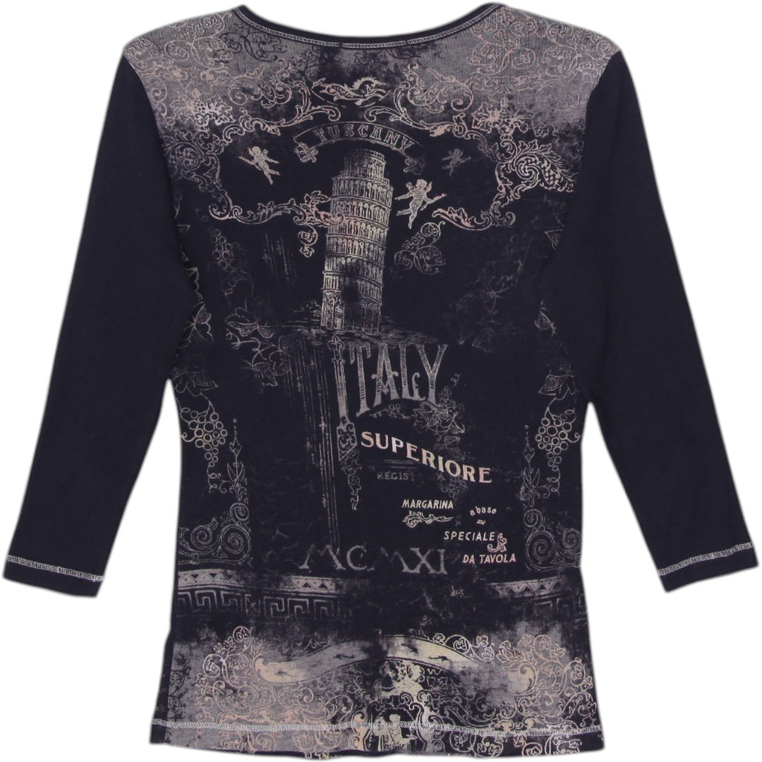 Y2K Ladies Blue Canyon Italy Graphic Top Size S