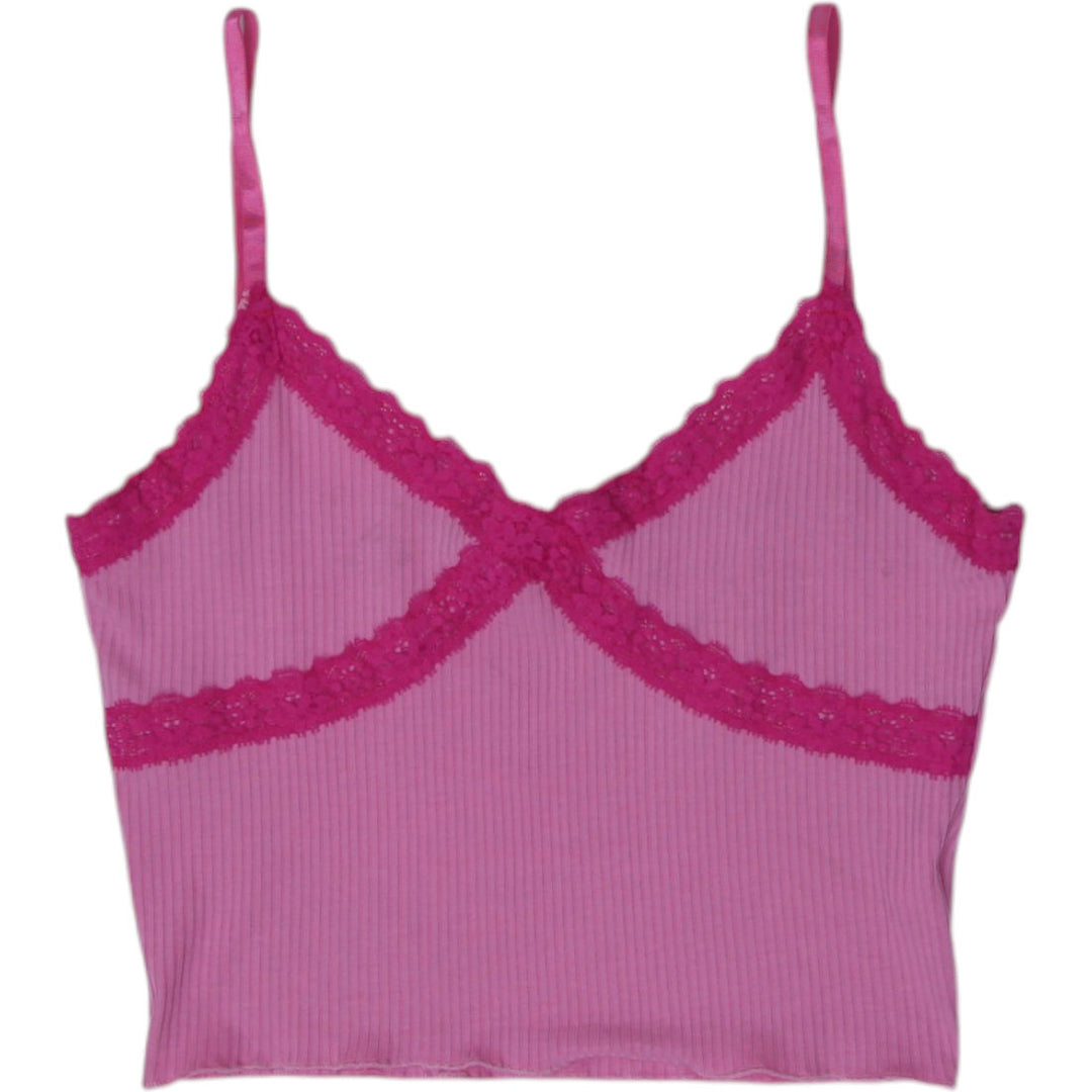Y2K Ladies Lace Trim Ribbed Sleeveless Crop Top Size M | Migration_Y2K Tops | Fashion Rerun