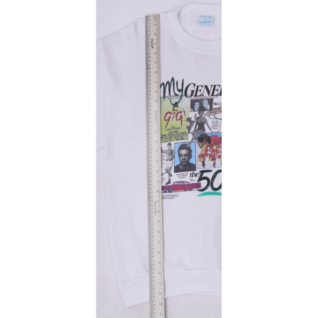 Vintage "My Generation" 1950s Newspaper Graphics White Crewneck Sweatshirt XL | Migration_Sweatshirt - View 7 | Fashion Rerun