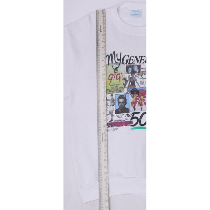Vintage "My Generation" 1950s Newspaper Graphics White Crewneck Sweatshirt XL | Migration_Sweatshirt - View 7 | Fashion Rerun