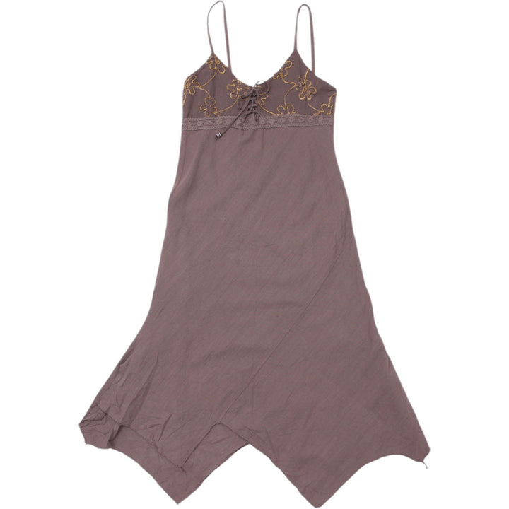 Y2K Ladies Spaghetti Strap Dress Brown Embroidered