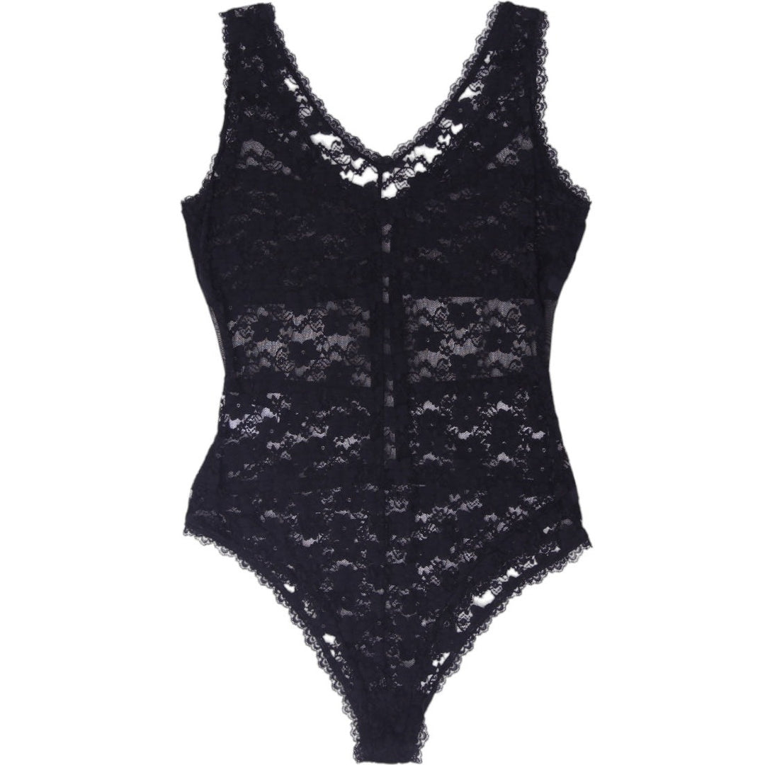 Ladies Black Floral Lace Sleeveless Bodysuit Size Large Sheer Mesh Panel Top