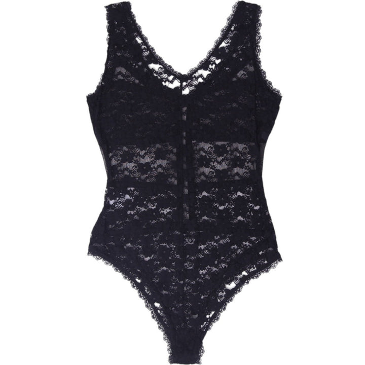 Ladies Black Floral Lace Sleeveless Bodysuit Size Large Sheer Mesh Panel Top