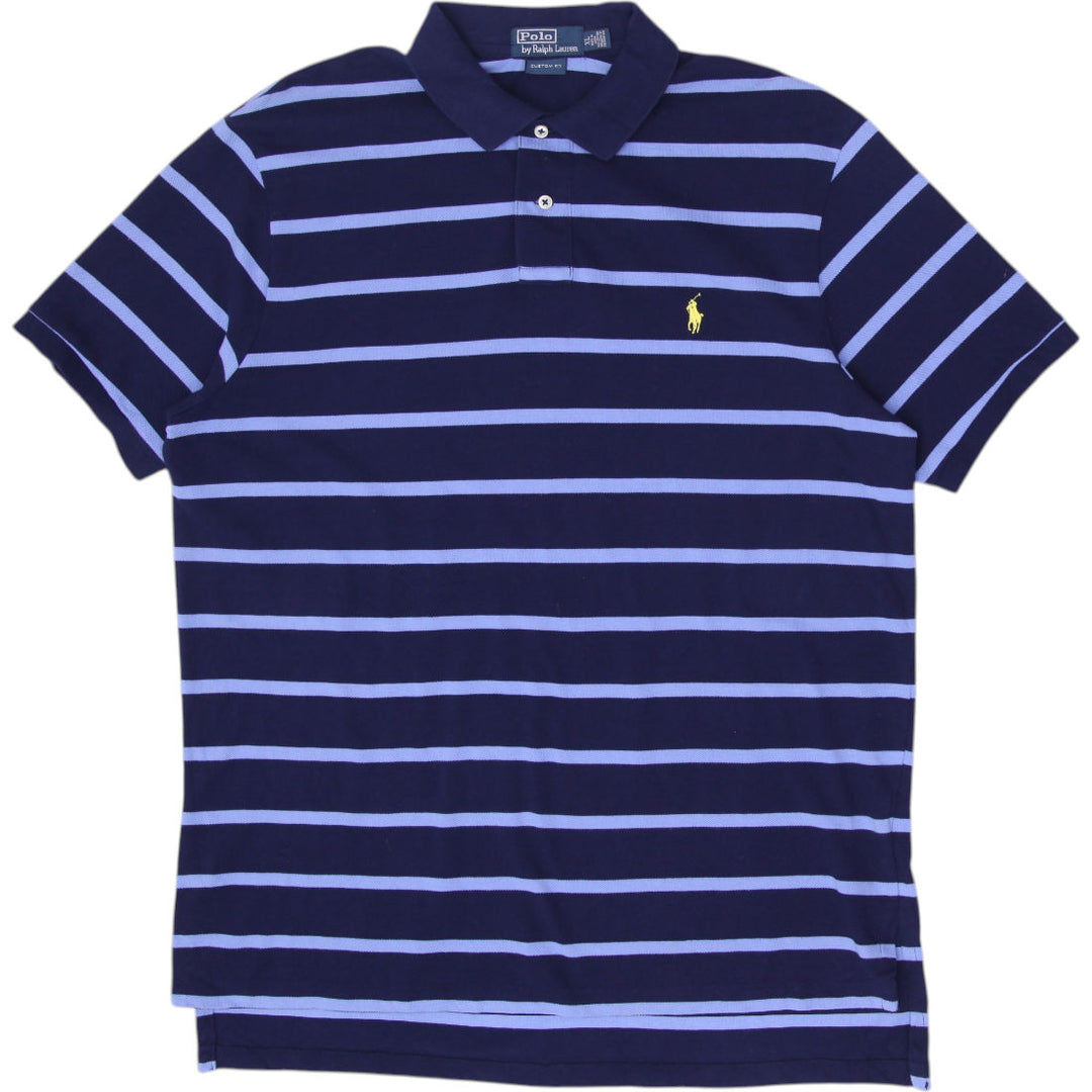 Vintage Mens Ralph Lauren Striped Polo Navy Blue Cotton Logo Classic T-Shirt