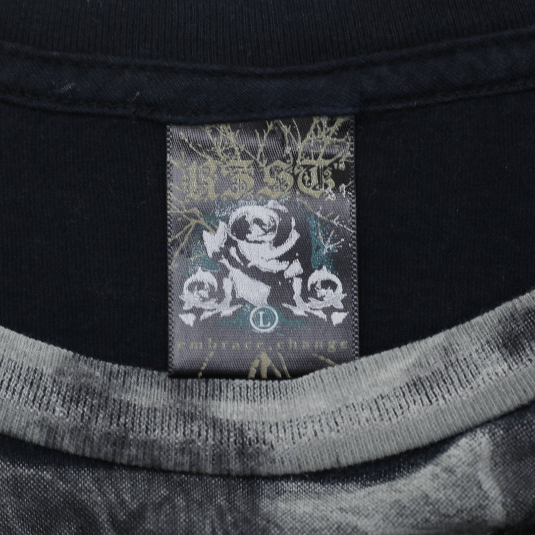 Y2K Mens Graphic T-Shirt All Over Print Angel Skull Roses Foil Cyan Black Size L