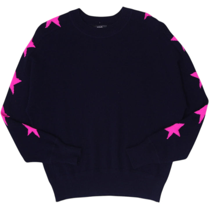 Ladies Aqua Cashmere Sweater Navy Star Pattern Knitwear